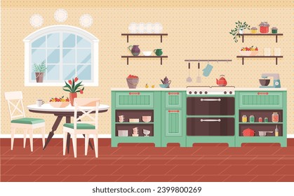 Ilustración vectorial interior de cocina. Equipar su cocina doméstica con mobiliario cómodo para un delicioso espacio de cocina La decoración y la cocina elegantes crean un ambiente acogedor y acogedor en la cocina