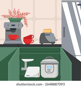 Kitchen interior vector illustration in flat style. Furniture and kitchen tools.