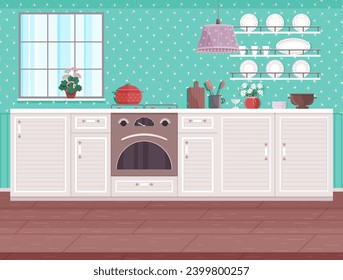 Ilustración vectorial interior de cocina. Decoración hogareña en la cocina que crea un espacio acogedor para las aventuras culinarias Equipamiento de la cocina doméstica con un mobiliario elegante para el espacio culinario Elegante