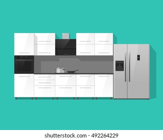 Kitchen interior vector illustration isolated on green color background, white kitchen cabinets furniture with black oven, stove and silver fridge from view plan,