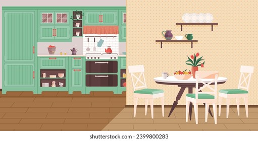 Kitchen interior vector illustration. A well-equipped kitchen interior concept turns cooking into pleasurable ritual The domestic kitchen, adorned with stylish decor, becomes heart home Comfy dining