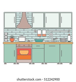 Kitchen interior. Vector line illustration.
