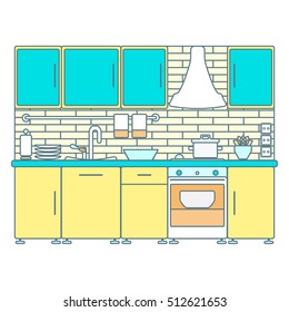 Kitchen interior. Vector line illustration.