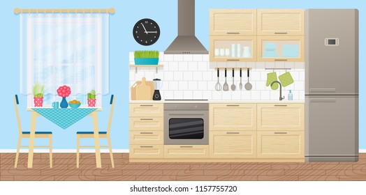 Kitchen interior. Vector. Room with appliances, furniture - dining table, stove, cupboard, blender, fridge and window in flat design. Cooking banner. Cartoon illustration.