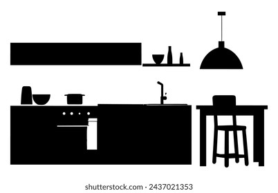 Kitchen Interior Vector Silhouette, kitchen furniture icons, Kitchen room silhouette.