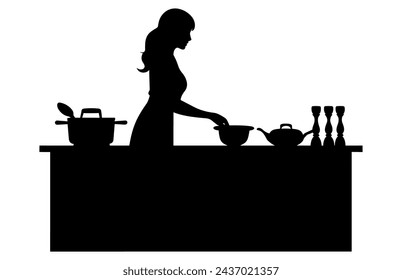 Kitchen Interior Vector Silhouette, kitchen furniture icons, Kitchen room silhouette.