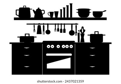 Kitchen Interior Vector Silhouette, kitchen furniture icons, Kitchen room silhouette.