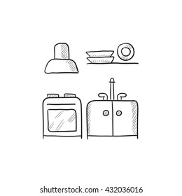 Kitchen interior vector sketch icon isolated on background. Hand drawn Kitchen interior icon. Kitchen interior sketch icon for infographic, website or app.