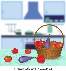 kitchen interior with vegetables on table