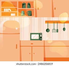 Kitchen interior wall with appliance and counters. Counters and shelves with utensils, kettle, microwave, retro fridge