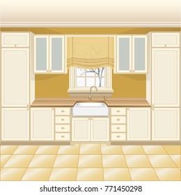 Kitchen interior with wash sink and brass water tap. Window with frame and sill on the wall. Painted wood panel doors. Traditional interior vector illustration.