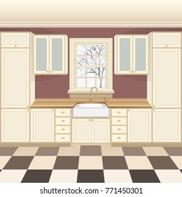 Kitchen interior with wash sink and brass water tap. Window with frame and sill on the wall. Painted wood panel doors. Traditional interior vector illustration.