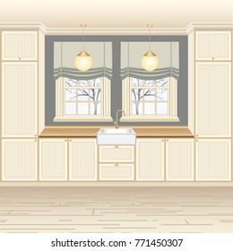 Kitchen interior with wash sink and brass water tap. Window with frame and sill on the wall. Painted wood panel doors. Traditional interior vector illustration.