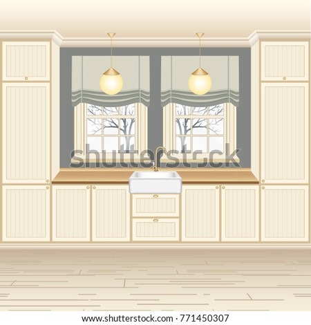 Kitchen interior with wash sink and brass water tap. Window with frame and sill on the wall. Painted wood panel doors. Traditional interior vector illustration.
