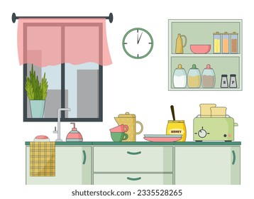 Kitchen interior with window and cooking products. Toaster with bread. a jar of honey, plates and miscellaneous utensils, cupboards, jars of spices and cereals, kitchen accessories. Vector flat linear