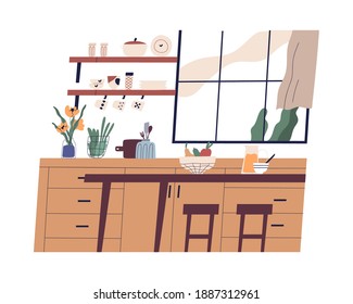 Kitchen interior with window and furniture. Empty dining room furnished with table, chairs, cupboard, shelves with tableware. Colored flat vector illustration isolated on white background