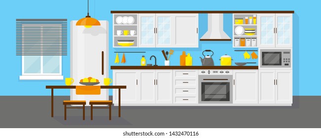 Kitchen interior with window, furniture, fridge, microwafe, table and dishes. Blue background. Vector illustration.