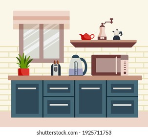 kitchen interior with window. Working surface for cooking with microwave, electric kettle, toaster.