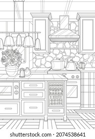 Kitchen interior with wine refrigerator. Coloring book for adults. The interior of the room. Black and white illustration.