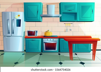 Kitchen interior witn furniture cartoon vector illustration. Home cooking room with wooden dining table, blue kitchen cabinets, fridge with magnet and reminder, oven, microwave, hob and extractor hood