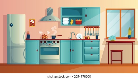 Kitchen interior witn furniture cartoon vector illustration. Home cooking room with wooden dining table, kitchen cabinets, fridge oven, hob and extractor hood. Appliances for home