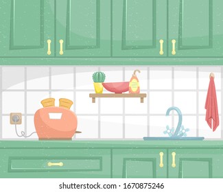 Kitchen interior with wooden cabinets. Sink and toaster on the countertop. Flat vector illustration.