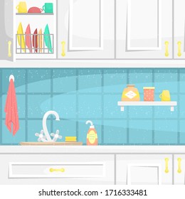 Cocina interior con cabañas de madera. Cierra la encimera y el plato. Ilustración vectorial plana.