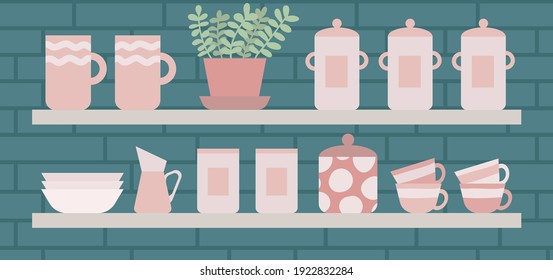 Kitchen interior. Wooden shelves with plates, cups, dishes, kitchen tools, jars for bulk products, pots, houseplant isolated on brick wall. Flat style vector cooking tools.