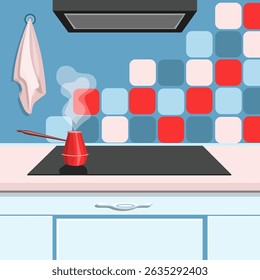 Kitchen interior, work surface,induction hob,coffee mug.Vector illustration of a kitchen interior.