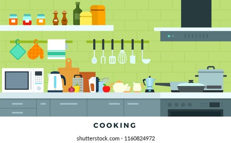 Kitchen interior. Working surface for cooking with stove, frying pans, microwave, electric kettle, cutting boards, mixer, towel, grater, jars for storage, furniture, ladle vector flat illustration.