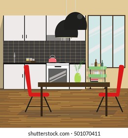 Kitchen Interior.Modern Kitchen Interior with White Kitchen Set, Dinning Table, Red Chairs, Lamp and Wooden Floor.