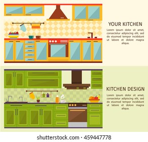 Kitchen interiors horizontal banners with yellow blue forniture and green wall cupboards and cabinets isolated vector illustration 