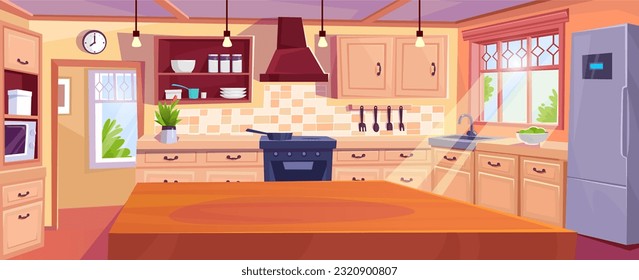 La contraparte de la isla de la cocina está decorada con un diseño interior moderno. En el interior de una acogedora casa con muebles y electrodomésticos. Cubierta de madera, armarios, nevera, capilla, microondas y fogones. Ilustración vectorial de dibujos animados