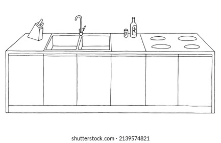 Kitchen Island Graphic Black White Home Interior Sketch Isolated Illustration Vector