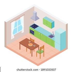 Kitchen isolated on white background, vector illustration of cuisine in 3D isometry