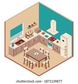 Kitchen in isometric style. Armchairs, furniture and computer. Vector illustration