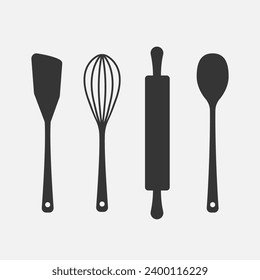 Kitchen item icons collection. Cooking spoon, prepared meal, culinary, bakery symbols. Vector