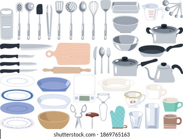 Kitchen item set. Tableware and cooking utensils.