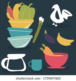 Kitchen items of bowls with vegetables and coffee