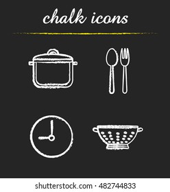 Kitchen items chalk icons set. Stew pan, fork and spoon, clock, kitchen sieve. Cooking isolated vector chalkboard illustrations