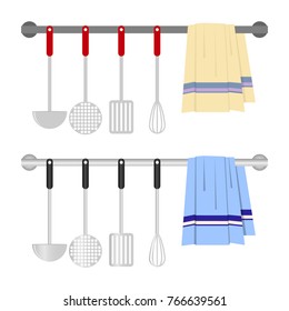 Kitchen items for cooking. Polonik, spatula for frying, mixer, noisy, canvas. Flat design, vector illustration, vector.