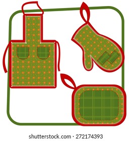 Kitchen items for cooking and protection: apron, mitt, potholder
