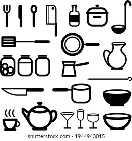 kitchen items and cooking utensils icon set