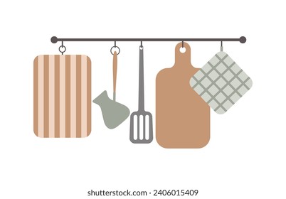 Kitchen items. Cutting boards, spatula, potholder, Turk. Vector illustration.