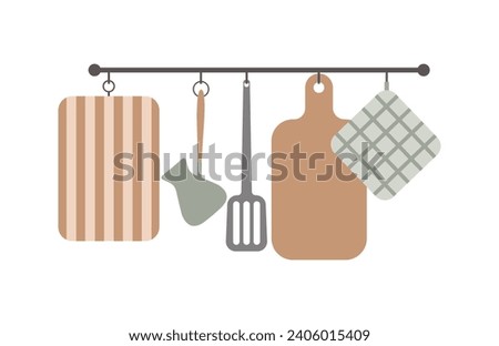 Kitchen items. Cutting boards, spatula, potholder, Turk. Vector illustration.