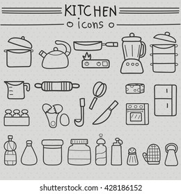 Kitchen items hand drawn set. Vector illustration of  pot, pan, steamer, mixer, kettle, ladle, knife, whisk, rolling pin, cup, egg, jar, fish sauce, sugar, salt, stove, oven, refrigerator