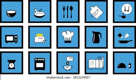 Kitchen items on these icons in vector graphics
