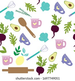 Kitchen items on a white background seamless pattern. Home cooking concept. Vector illustration