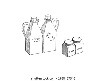 Artículos de cocina: sacudida de sal y pimienta, botellas de aceite