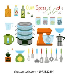 Kitchen items set, kettle, mixer, geyser coffee maker, steamer, captive and various spatulas for cooking, spices in jars and olive oil, vector clipart in flat style, isolated objects.